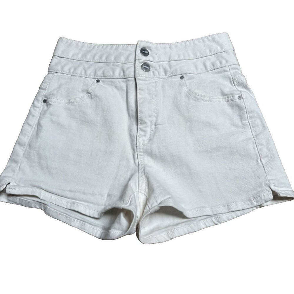 Guess Double-Button High-Rise White Denim Shorts